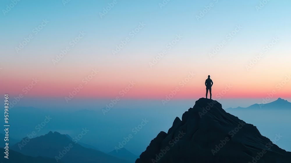 Person standing on a mountaintop at dawn, ready to face new challenges Person standing on a mountaintop at dawn, ready to face new challenges