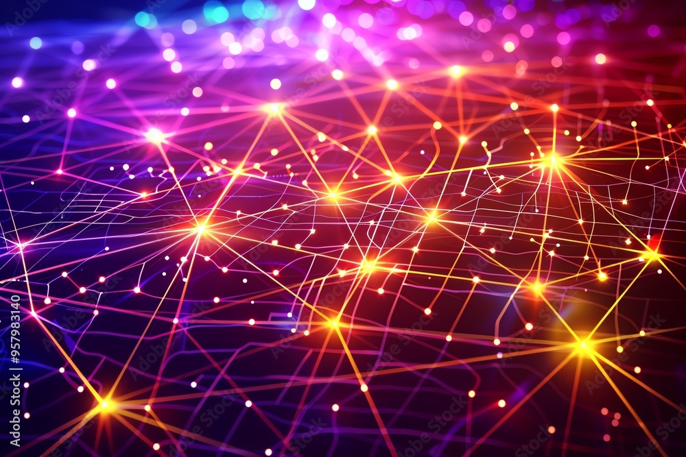 Fototapeta premium Colorful abstract network of glowing nodes and lines representing a digital or technological connectivity concept.