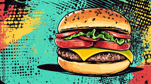 It is a burger ad designed like a comic book cover. It's a pop art burger ad. burger advertisement banner with copy space.