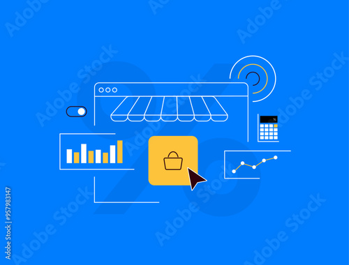 Ecommerce KPI with data analytics for tracking and growing sales. E-commerce key performance indicators and metrics. Sales growth, conversion rates, online business success, sales trends illustration