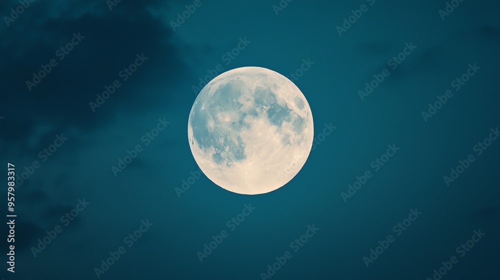 A serene night sky featuring a bright, luminous full moon against a backdrop of soft clouds and deep blue hues. A serene night sky featuring a bright, luminous full moon against a backdrop of soft clouds and deep blue hues.