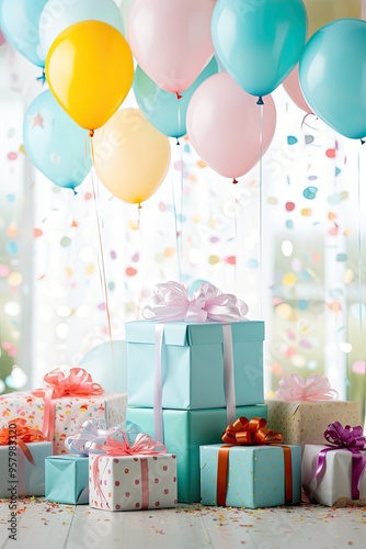 A birthday party scene with balloons, cake, and presents in a festive setting