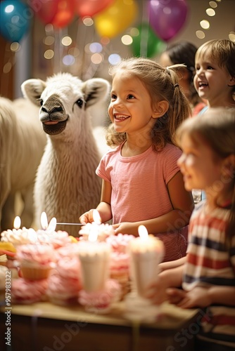A birthday scene with a petting zoo and children enjoying animals
