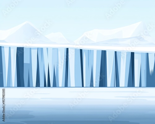 Snowy mountain range with ice wall and frozen lake in the foreground. photo