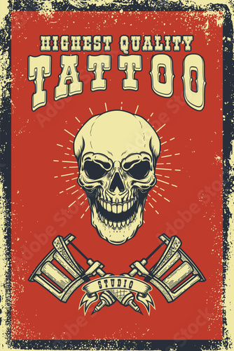 Tattoo studio emblem template. Crossed tattoo machine, skull, roses. Design element for logo, label, sign, poster, t shirt. Vector illustration