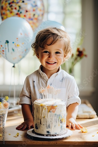 A birthday watercolor scene with a cake smash for a one-year-old's first birthday