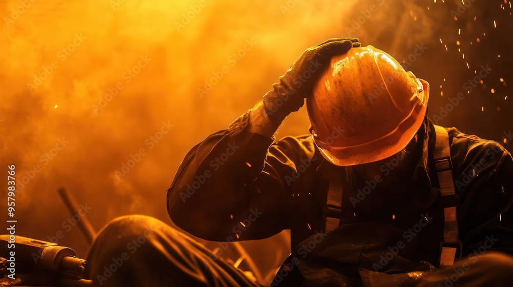 Fototapeta premium Construction worker in a hard hat resting amidst dramatic lighting and smoke, capturing the intensity and exhaustion of labor.