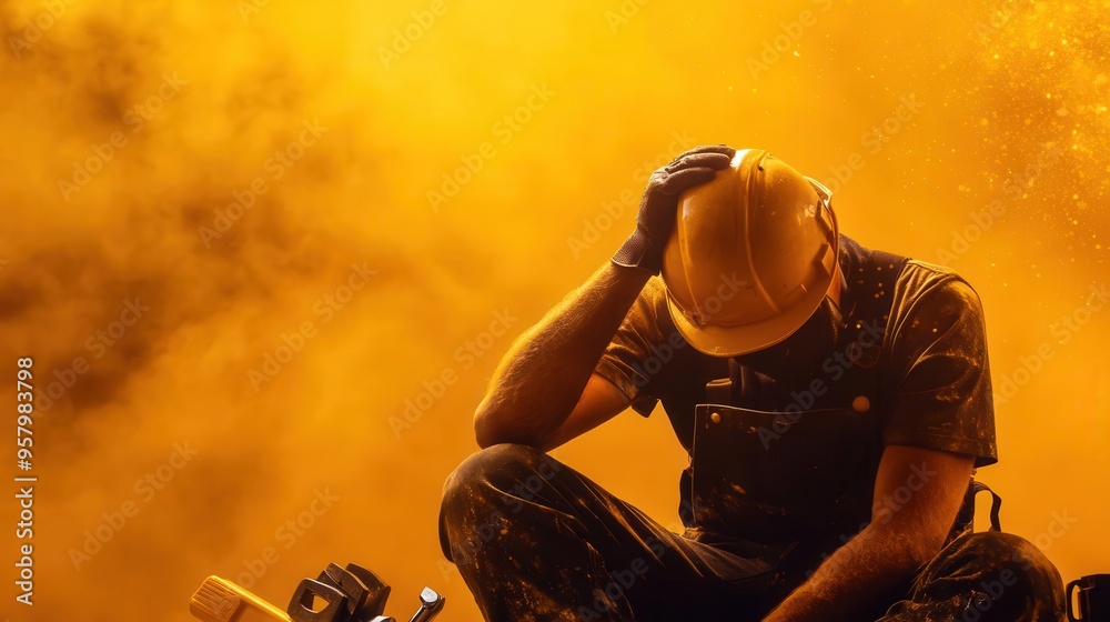 Construction worker resting on a foggy site, helmet in hand, surrounded by tools and machinery with an orange smoky background. Construction worker resting on a foggy site, helmet in hand, surrounded by tools and machinery with an orange smoky background.