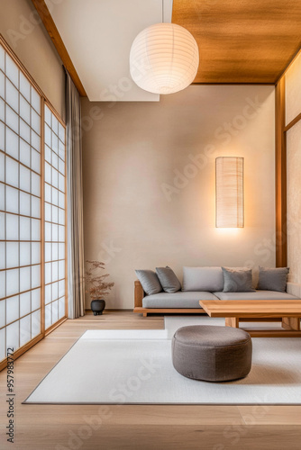 Minimalist living room interior design with Japanese and Scandinavian decor. Luxury interiors composition with copyspace.