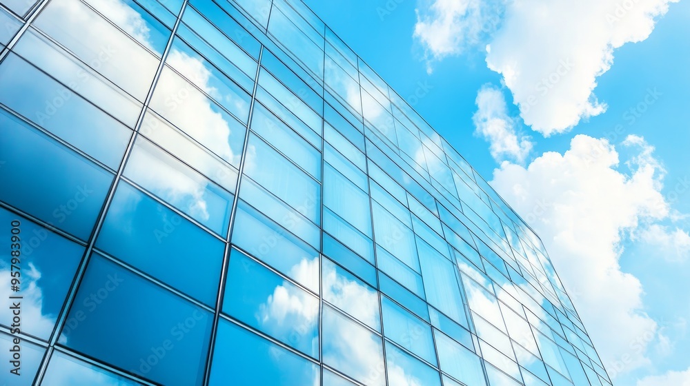 Glass building with blue sky background. Modern office building detail, glass surface clouds reflected in windows of modern office building. Glass building with blue sky background. Modern office building detail, glass surface clouds reflected in windows of modern office building.