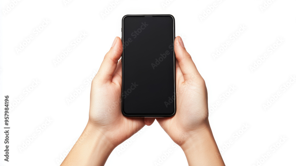Hand holding smartphone with blank screen isolated on white background, clipping path. Hand holding smartphone with blank screen isolated on white background, clipping path.