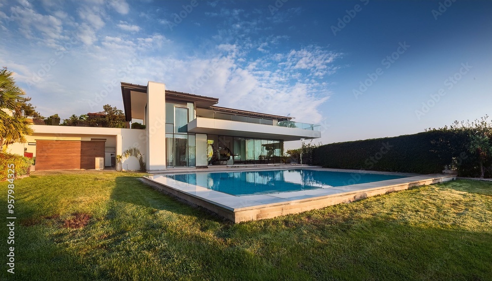 Fototapeta premium Chalet mansión de lujo blanca al lado de la montaña en un acantilado, con piscina y el cielo azul de fondo. Arquitectura moderna. rodeado de bosque y árboles