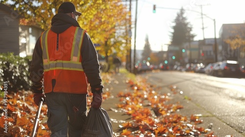 Urban worker in safety vest cleans sidewalk, promoting cleanliness in sunlit city environment photo