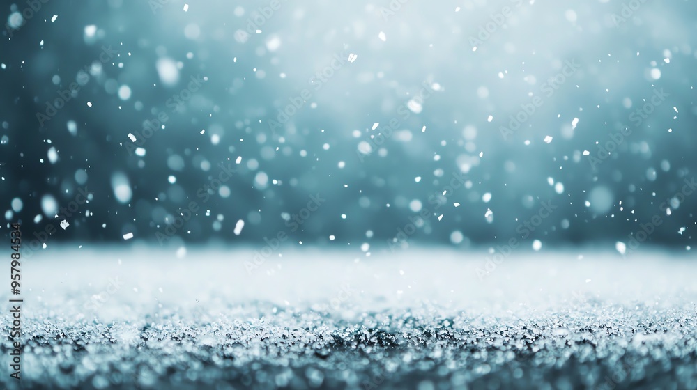 Obraz premium A serene winter scene featuring softly falling snowflakes over a frosty ground, creating a tranquil and magical atmosphere.