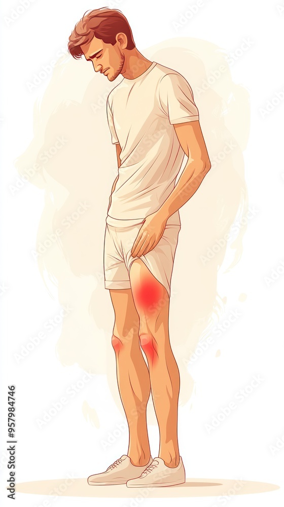 Fototapeta premium A man with a pained expression is holding his thigh, with red areas highlighting the pain.