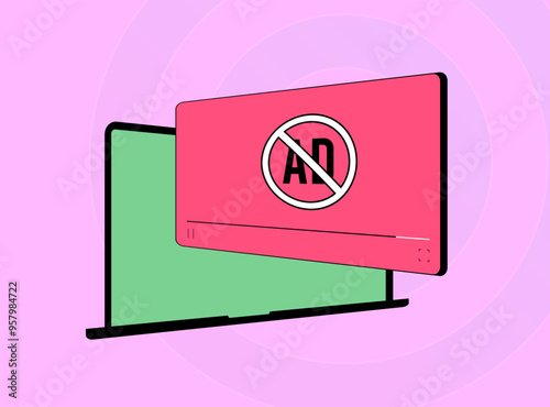 Video ad blocking with pop-up ads, digital privacy content filtering. Online video advertising blocker tools, interrupted streaming, ad-free browsing vector illustration concept photo