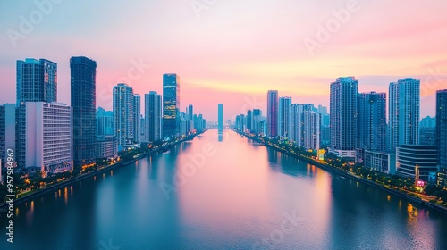 A stunning cityscape at sunset, featuring modern skyscrapers reflecting on a tranquil waterfront, creating a serene urban atmosphere.