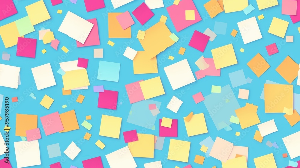 Bright and colorful paper squares floating on a blue background, ideal for festive themes or creative projects. Bright and colorful paper squares floating on a blue background, ideal for festive themes or creative projects.