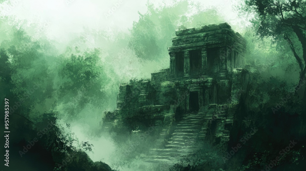 Fototapeta premium Haunting mist shrouding ancient ruins