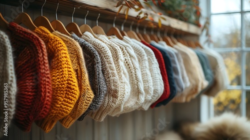 A hanger on Plain beige wall with few autumn wool sweaters in fall colors, fashion blog, banner style, copy space