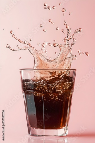 A glass with dark brown plum juice, pink background, splash, banner style, copy space