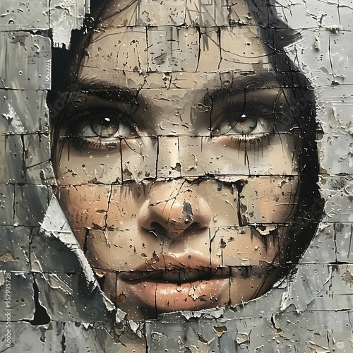 the face of the woman, abstract, collage, wall