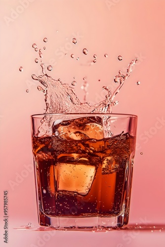 A glass with dark brown plum juice, pink background, splash, banner style, copy space