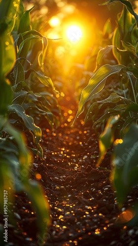 sunset in the corn field, banner style, copy space