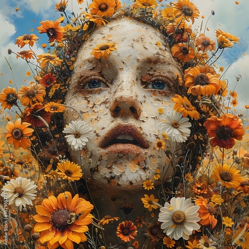 the face of the person, abstract, woman, collage, flowers, fall