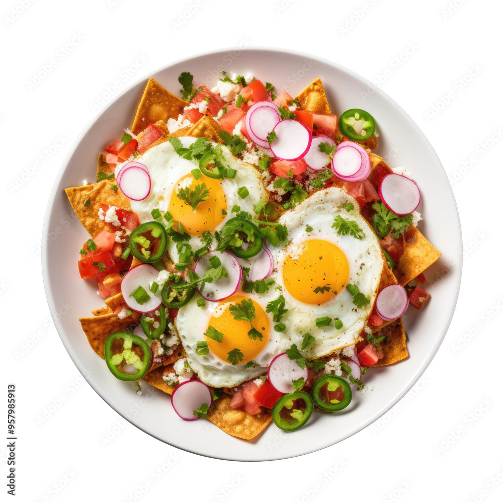 Chilaquiles top view on white background Chilaquiles top view on white background