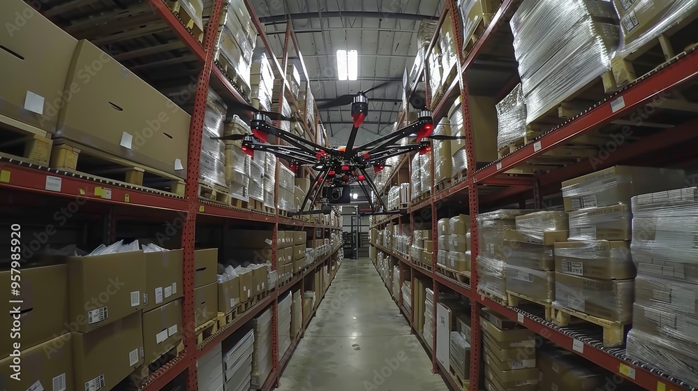 Aerial view of drones in a warehouse optimizing inventory management and delivery efficiency Aerial view of drones in a warehouse optimizing inventory management and delivery efficiency