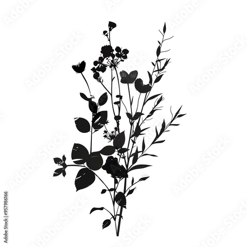 High contrast black and white silhouette of wildflowers and leaves, ideal for creative projects and design.