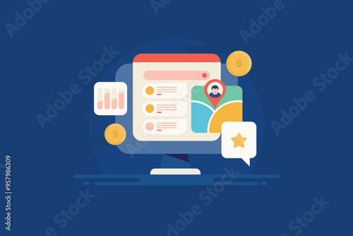 Serach engine on web browser display paid and organic content with map and business information, web traffic analytics and advertising campaign concept, vector illustration.