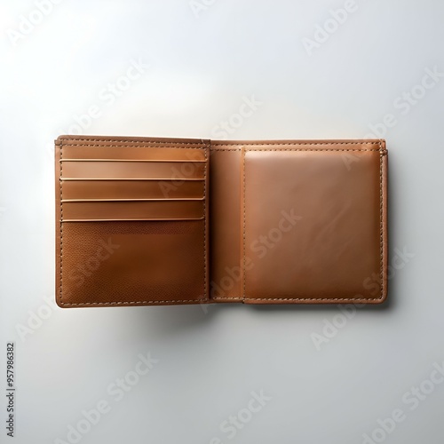 Elegant brown leather wallet open. showcasing intricate stitching and card slots.