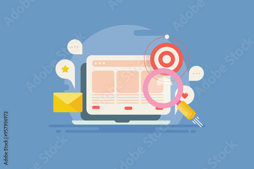 Display website ads to target audience, Digital advertising campaign driven by AI technology, achieve business objective and brand goal, vector illustration.