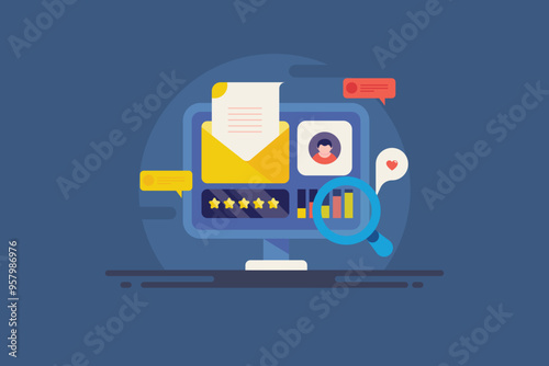 Big data analytics, customer database monitoring, using email message and social media campaign for marketing communication, e-business concept, vector illustration.