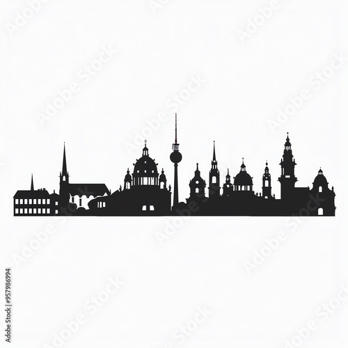 Black and white detailed skyline silhouette of Dresden featuring prominent landmarks and iconic buildings against a clean background.