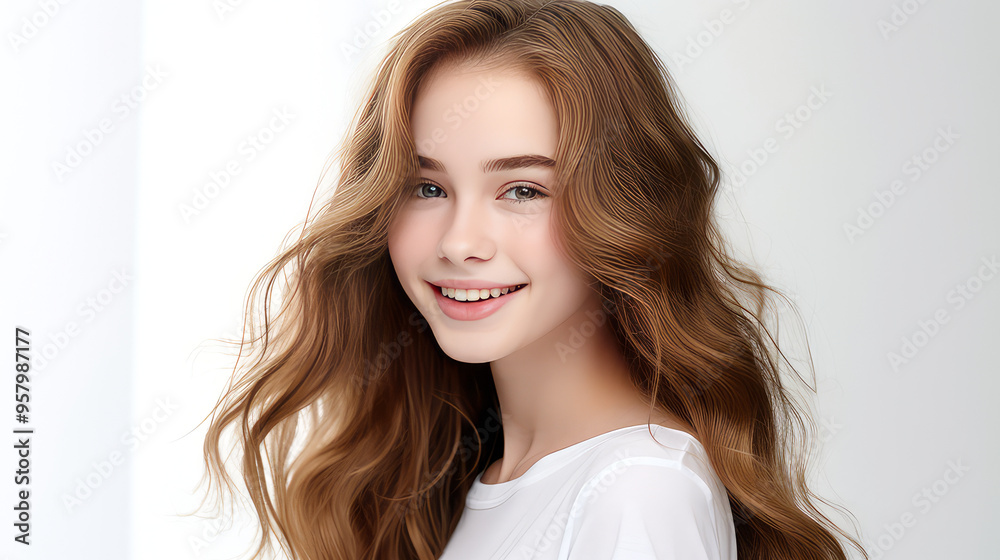 Portrait of a smiling cheerful teenage girl with perfect skin, white background, banner. Portrait of a smiling cheerful teenage girl with perfect skin, white background, banner.
