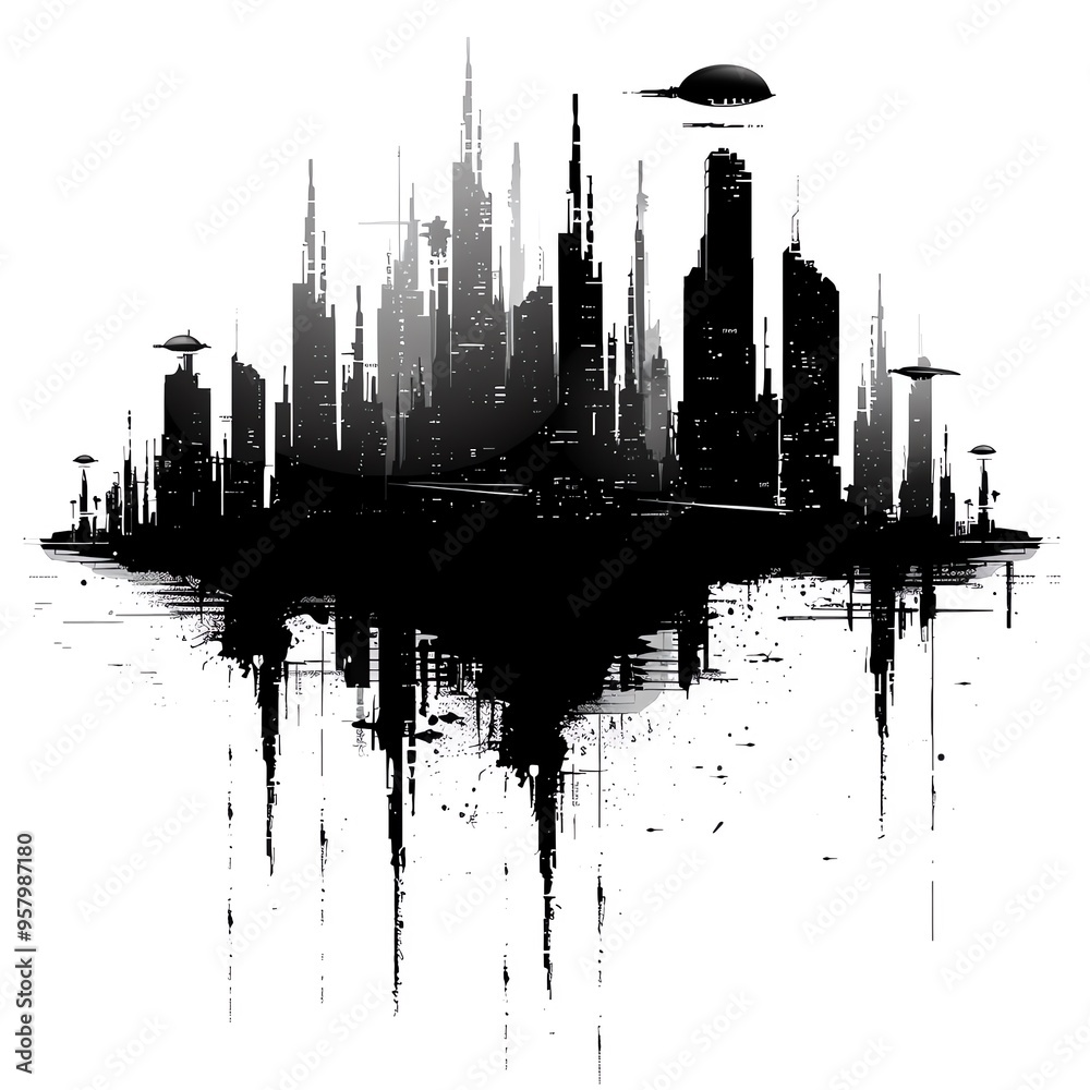 Obraz premium Abstract monochrome cityscape with futuristic elements and floating buildings, creating a mysterious and otherworldly atmosphere.