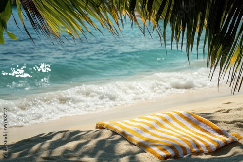 Illustrate a serene beach scene with a yellow and white striped towel laid out on the sand under