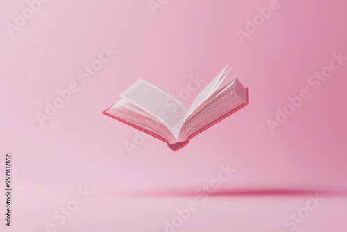 Illustrate a surreal scene with an open book floating against a smooth pink background