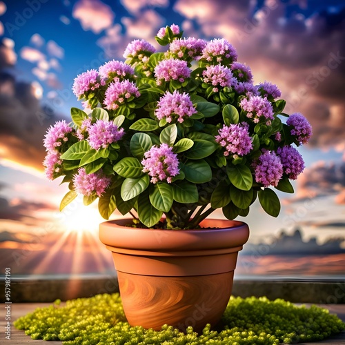 A vibrant 3D illustration of a boldo plant in full bloom. potted and nestled against a sunset backdrop.