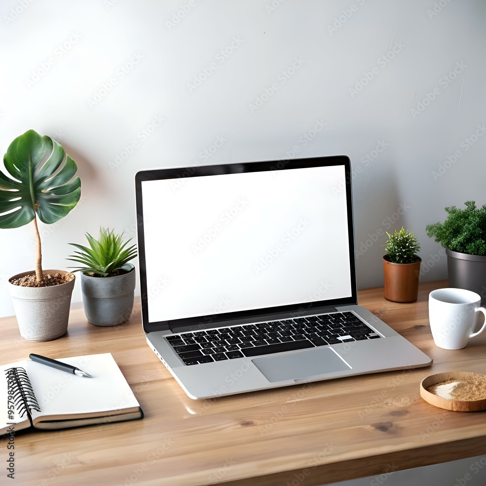 Fototapeta premium Modern workspace mockup with a laptop. notebook. and potted plants on a wooden desk.