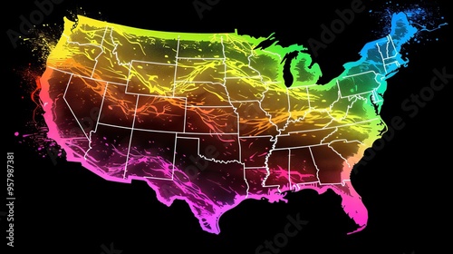 Vibrant neon colored map of the united states designed for easy visibility and engagement purposes.