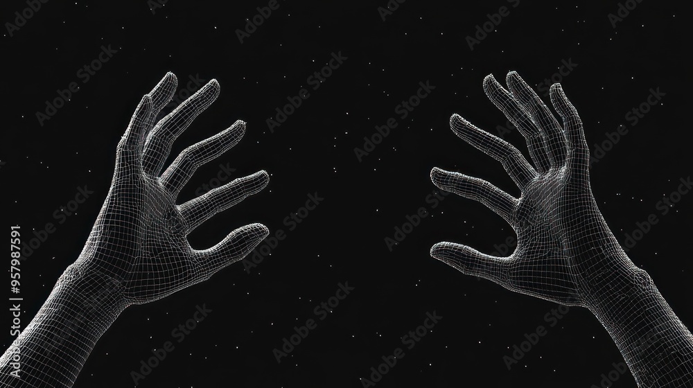 Two wireframe hands reaching upwards against a black background with white dots. Two wireframe hands reaching upwards against a black background with white dots.