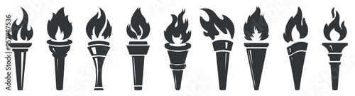 Torch icons set. Vector torches with flame and burning fire on white background, 