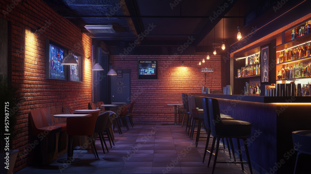The interior of the modern pub is sleek and inviting, bathed in the warm, ambient glow of low lighting. Polished wooden floors and minimalist furnishings create a sophisticated atmosphere, while the b The interior of the modern pub is sleek and inviting, bathed in the warm, ambient glow of low lighting. Polished wooden floors and minimalist furnishings create a sophisticated atmosphere, while the b