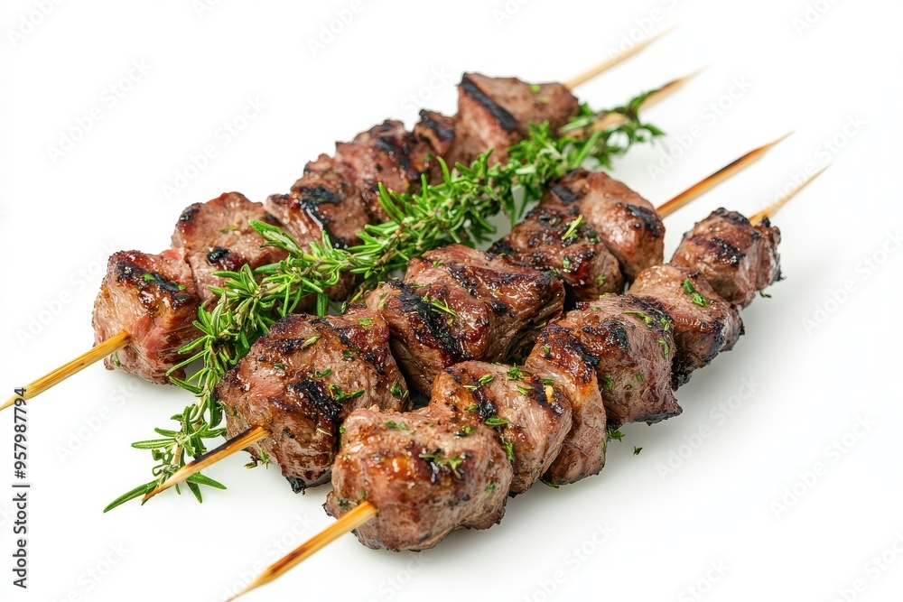 Multiple skewers of grilled meat, garnished with fresh herbs like rosemary Multiple skewers of grilled meat, garnished with fresh herbs like rosemary