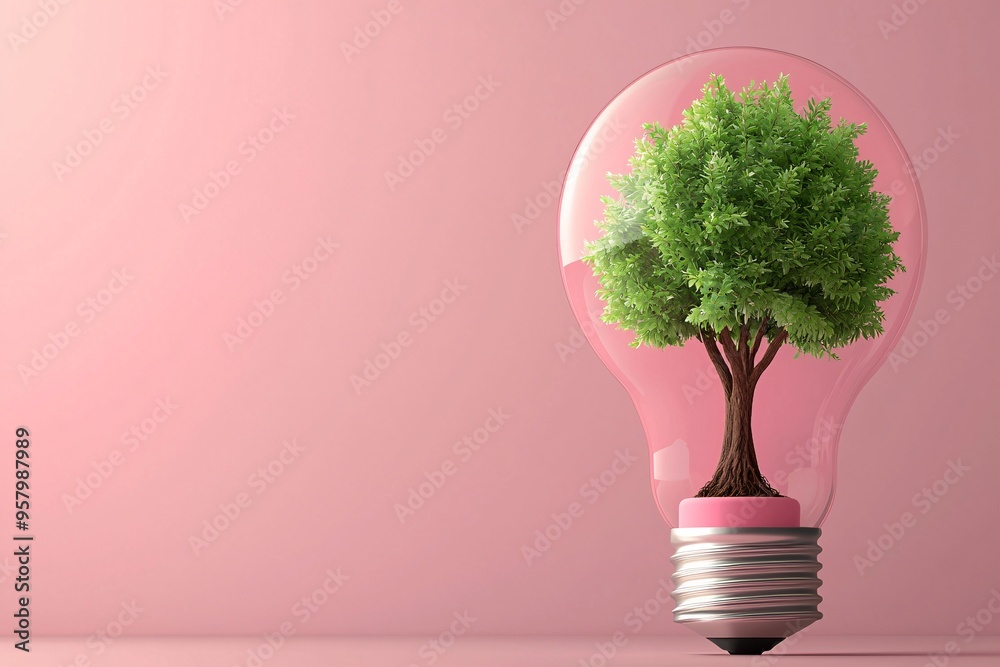 Green Tree Inside Light Bulb on Pink Background. Green Tree Inside Light Bulb on Pink Background.