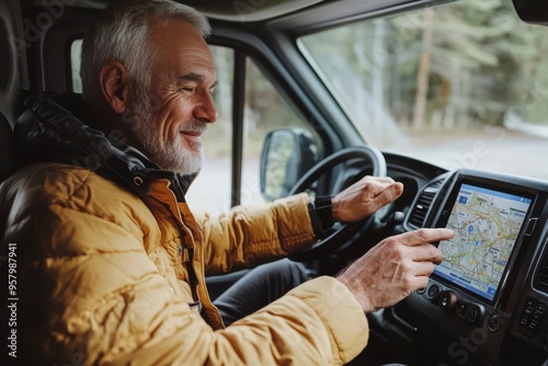 Older man sitting in camper van using gps navigation map system digital device.